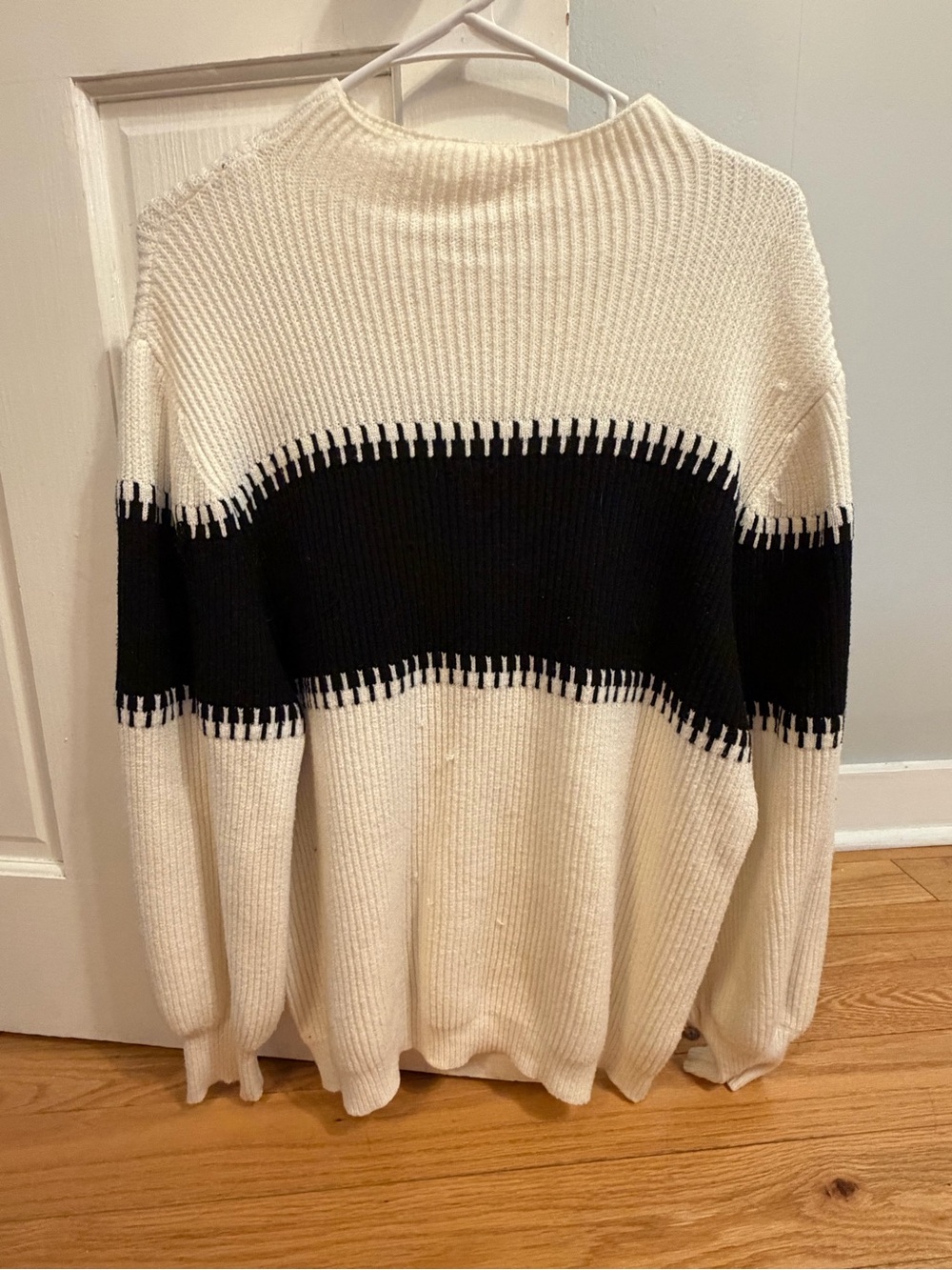 Miracle Cream and Black Wide-Stripe Ribbed Crewneck Sweater